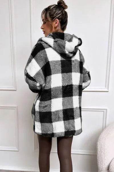 Bona Fide Fashion - Full Size Plaid Long Sleeve Hooded Coat - Women Fashion - Bona Fide Fashion
