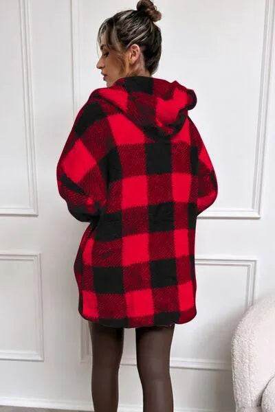 Bona Fide Fashion - Full Size Plaid Long Sleeve Hooded Coat - Women Fashion - Bona Fide Fashion