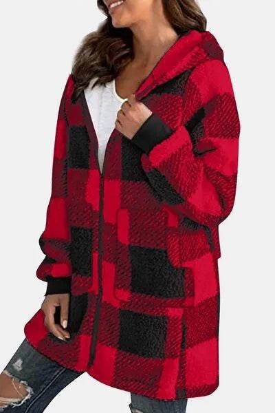 Bona Fide Fashion - Full Size Plaid Long Sleeve Hooded Coat - Women Fashion - Bona Fide Fashion