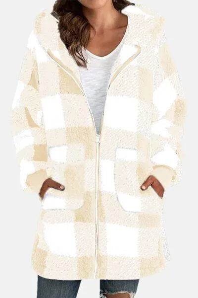 Bona Fide Fashion - Full Size Plaid Long Sleeve Hooded Coat - Women Fashion - Bona Fide Fashion