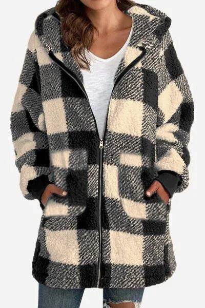 Bona Fide Fashion - Full Size Plaid Long Sleeve Hooded Coat - Women Fashion - Bona Fide Fashion
