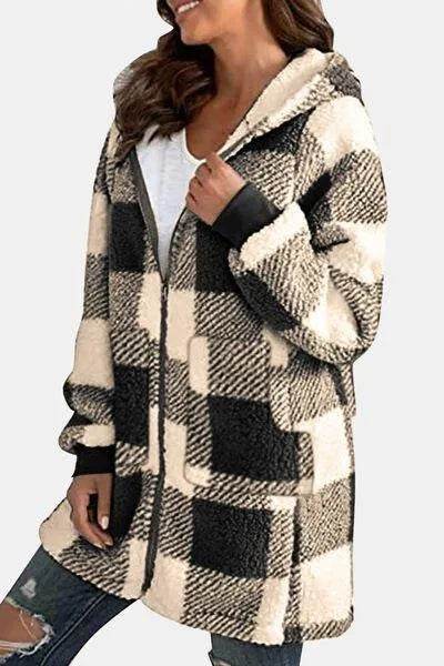 Bona Fide Fashion - Full Size Plaid Long Sleeve Hooded Coat - Women Fashion - Bona Fide Fashion