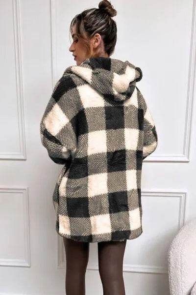 Bona Fide Fashion - Full Size Plaid Long Sleeve Hooded Coat - Women Fashion - Bona Fide Fashion