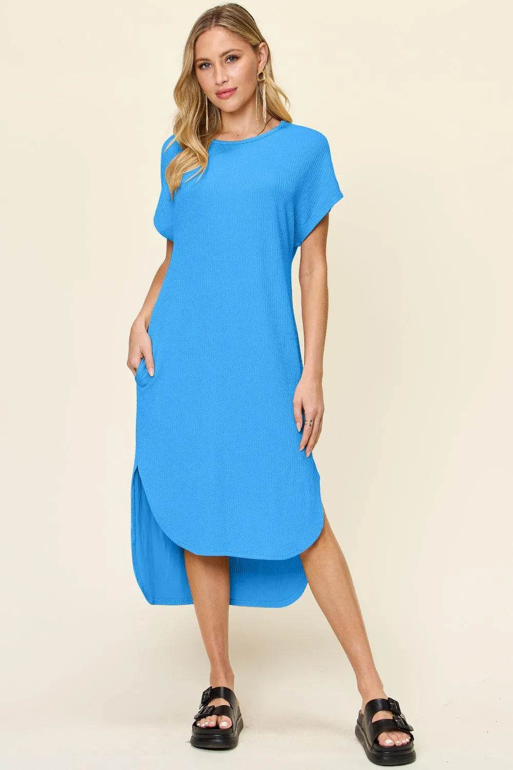 Bona Fide Fashion - Full Size Round Neck Short Sleeve Slit Dress - Women Fashion - Bona Fide Fashion