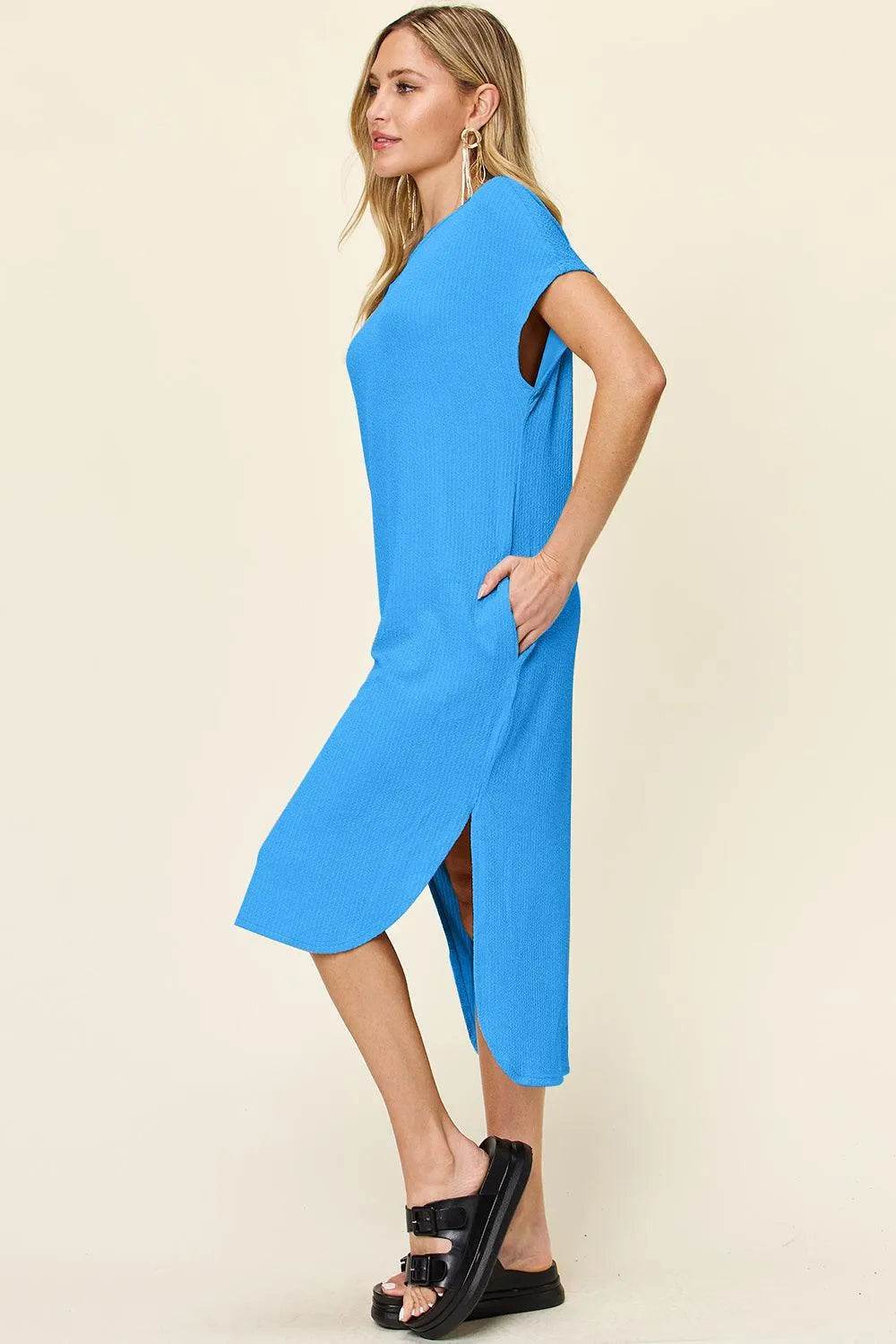 Bona Fide Fashion - Full Size Round Neck Short Sleeve Slit Dress - Women Fashion - Bona Fide Fashion