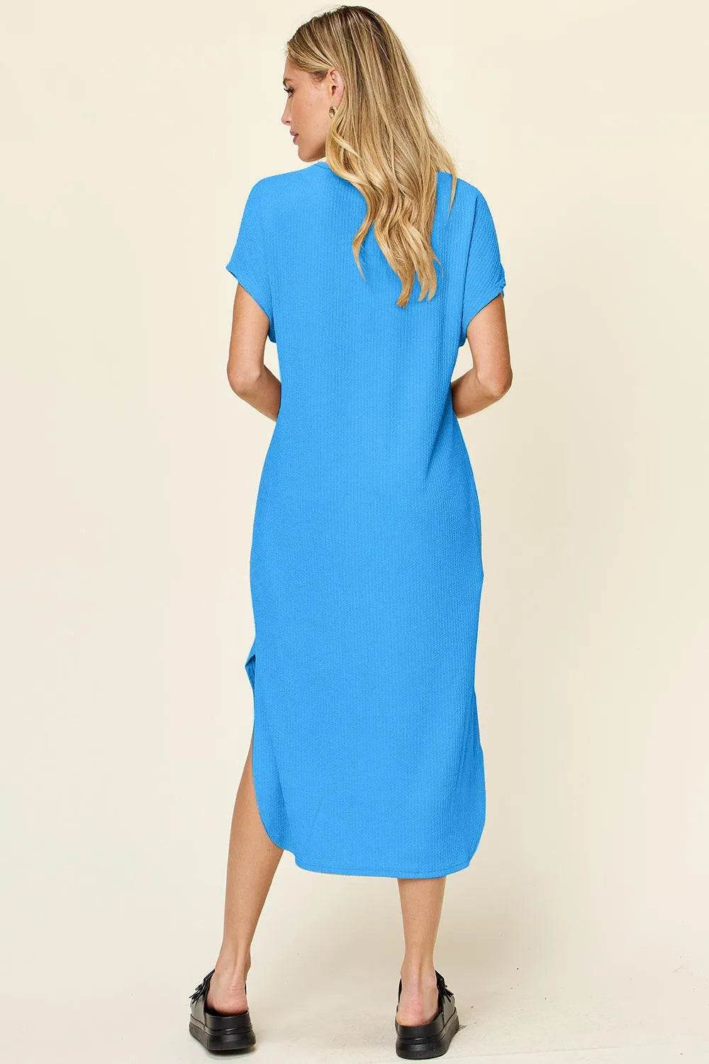 Bona Fide Fashion - Full Size Round Neck Short Sleeve Slit Dress - Women Fashion - Bona Fide Fashion