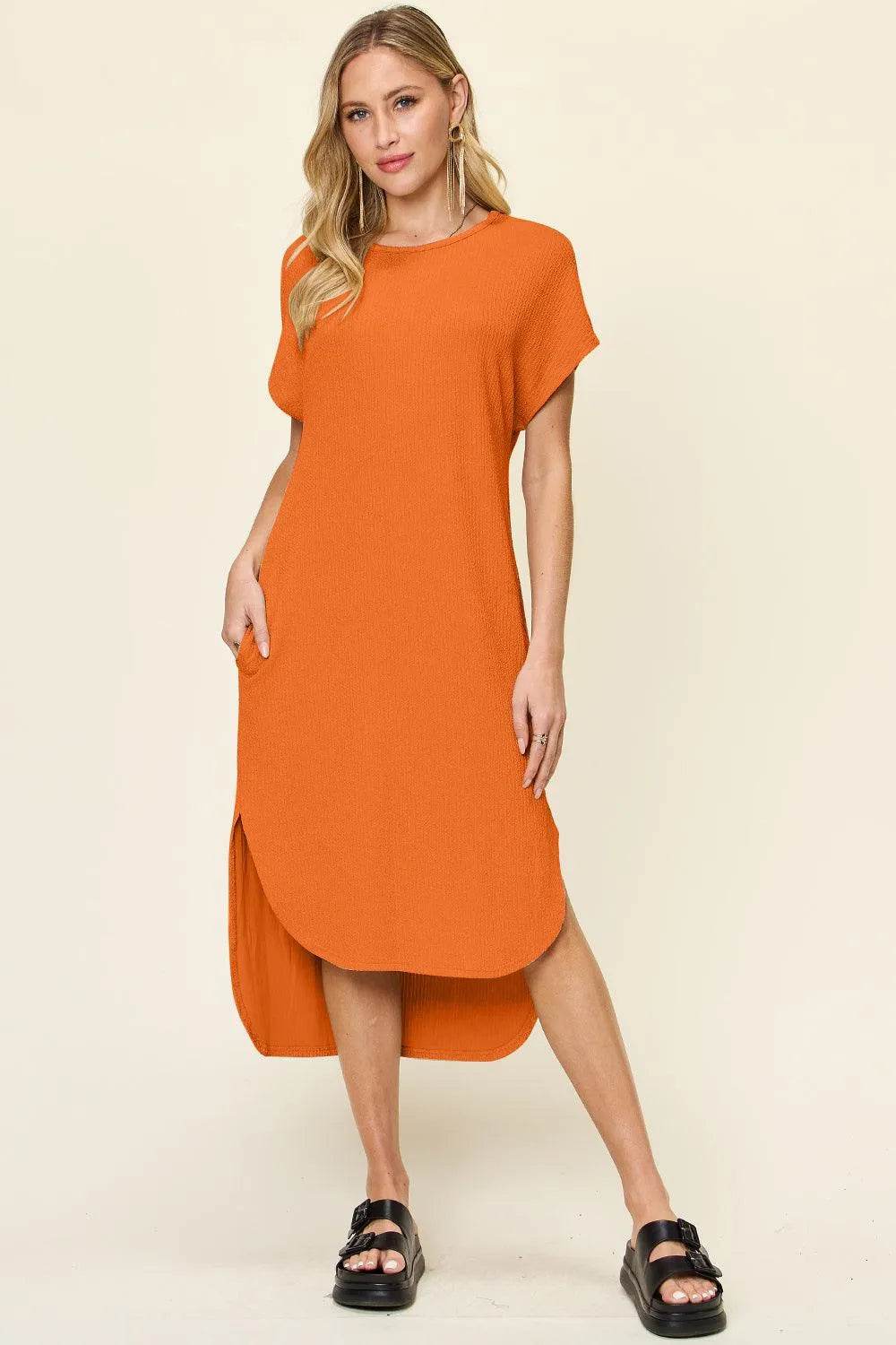 Bona Fide Fashion - Full Size Round Neck Short Sleeve Slit Dress - Women Fashion - Bona Fide Fashion
