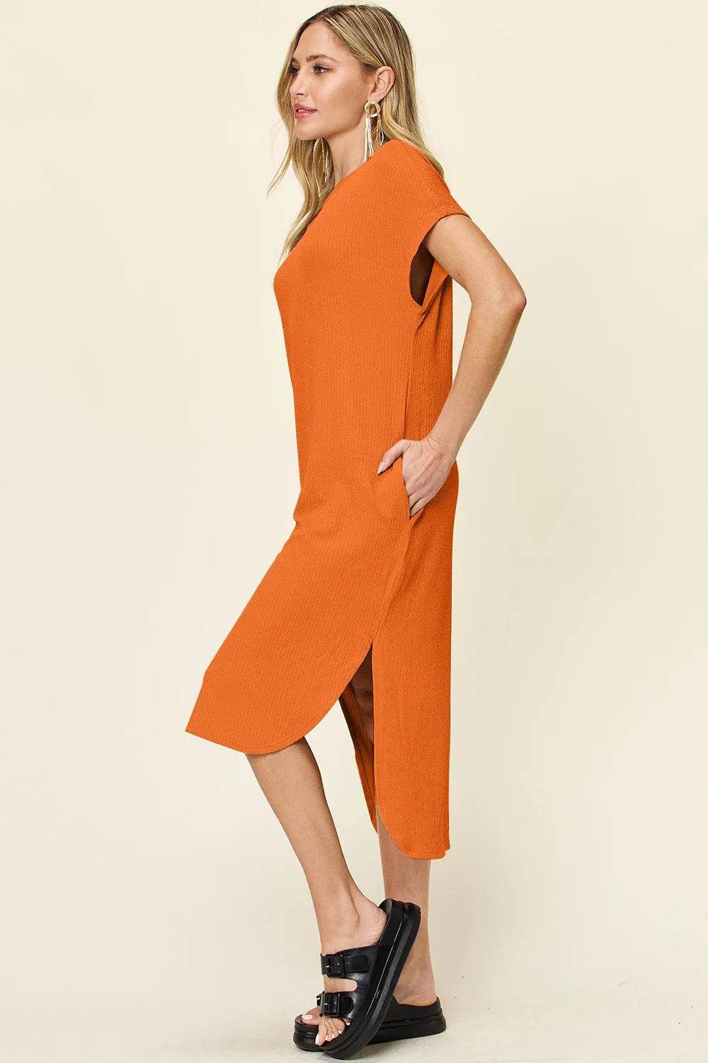 Bona Fide Fashion - Full Size Round Neck Short Sleeve Slit Dress - Women Fashion - Bona Fide Fashion