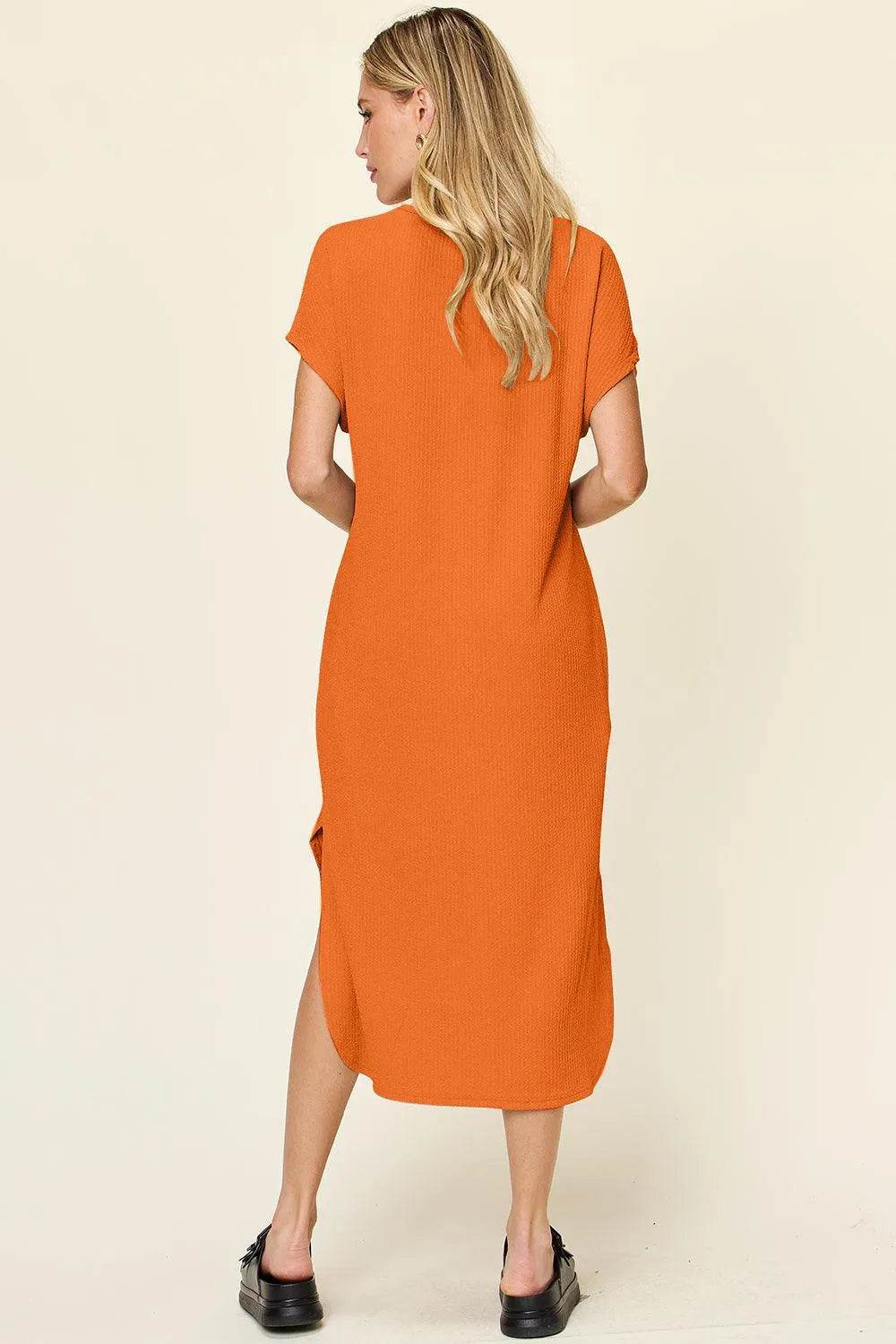 Bona Fide Fashion - Full Size Round Neck Short Sleeve Slit Dress - Women Fashion - Bona Fide Fashion