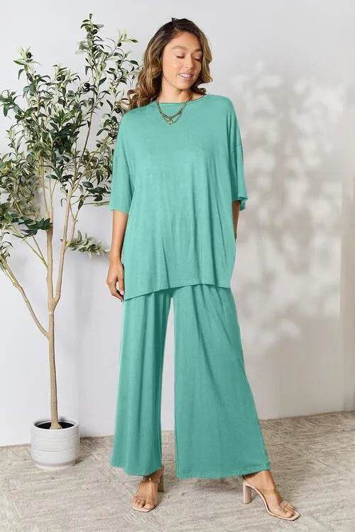 Bona Fide Fashion - Full Size Round Neck Slit Top and Pants Set - Women Fashion - Bona Fide Fashion