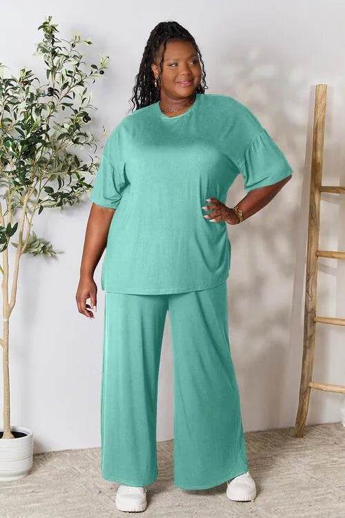 Bona Fide Fashion - Full Size Round Neck Slit Top and Pants Set - Women Fashion - Bona Fide Fashion