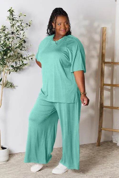 Bona Fide Fashion - Full Size Round Neck Slit Top and Pants Set - Women Fashion - Bona Fide Fashion