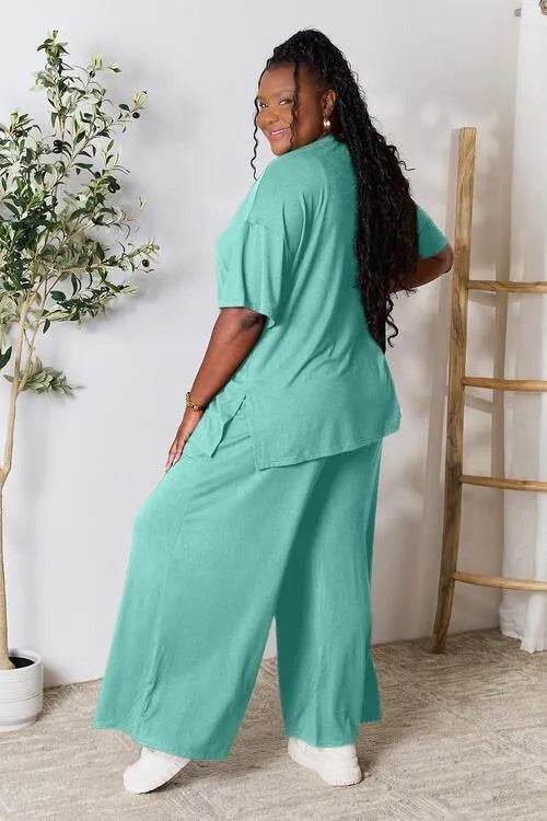 Bona Fide Fashion - Full Size Round Neck Slit Top and Pants Set - Women Fashion - Bona Fide Fashion
