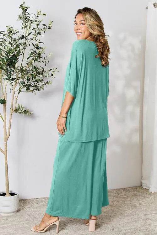Bona Fide Fashion - Full Size Round Neck Slit Top and Pants Set - Women Fashion - Bona Fide Fashion