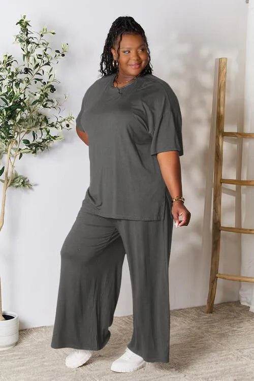 Bona Fide Fashion - Full Size Round Neck Slit Top and Pants Set - Women Fashion - Bona Fide Fashion