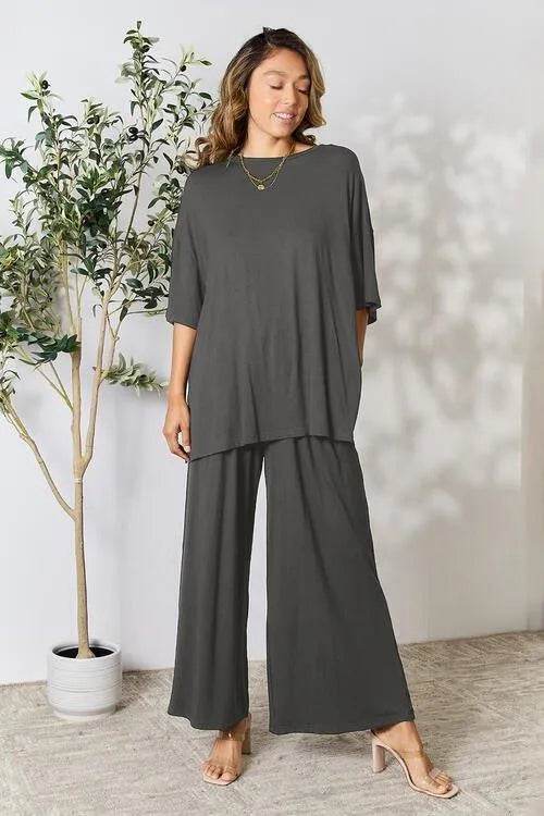 Bona Fide Fashion - Full Size Round Neck Slit Top and Pants Set - Women Fashion - Bona Fide Fashion