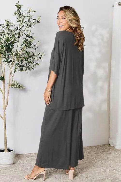 Bona Fide Fashion - Full Size Round Neck Slit Top and Pants Set - Women Fashion - Bona Fide Fashion