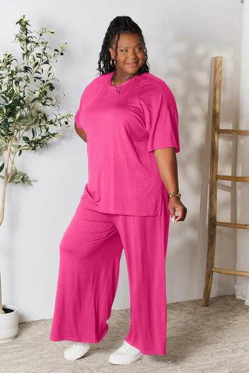 Bona Fide Fashion - Full Size Round Neck Slit Top and Pants Set - Women Fashion - Bona Fide Fashion