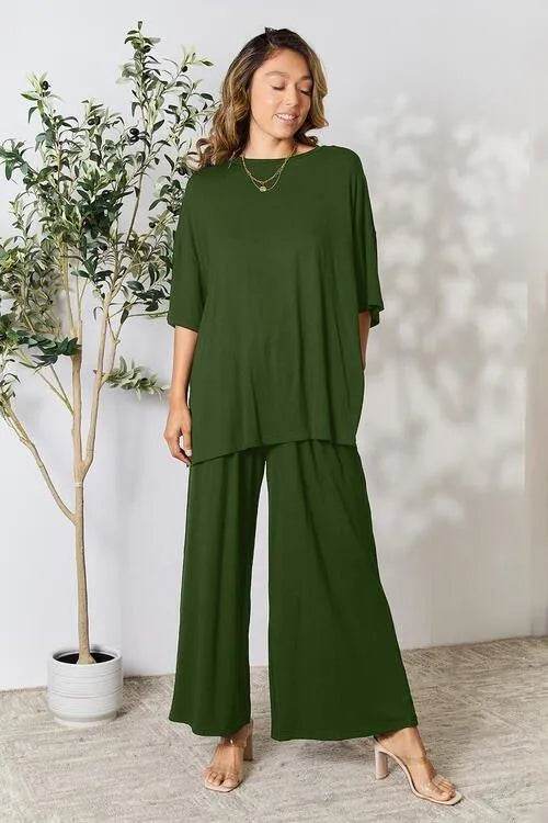 Bona Fide Fashion - Full Size Round Neck Slit Top and Pants Set - Women Fashion - Bona Fide Fashion