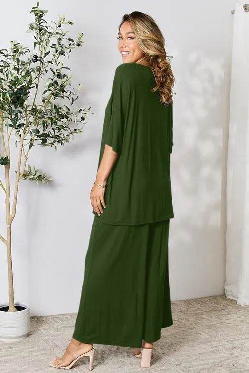 Bona Fide Fashion - Full Size Round Neck Slit Top and Pants Set - Women Fashion - Bona Fide Fashion