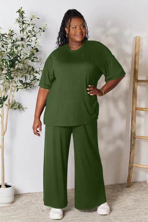 Bona Fide Fashion - Full Size Round Neck Slit Top and Pants Set - Women Fashion - Bona Fide Fashion