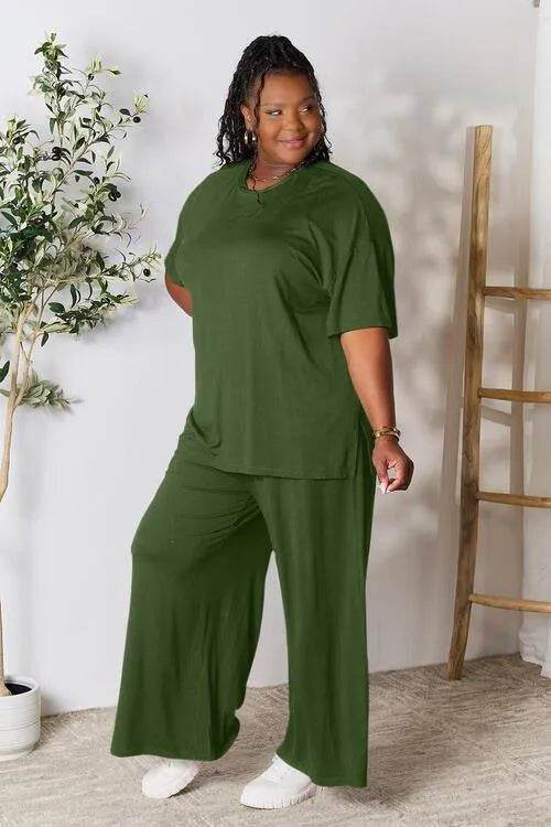 Bona Fide Fashion - Full Size Round Neck Slit Top and Pants Set - Women Fashion - Bona Fide Fashion