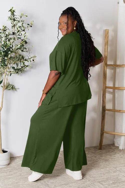 Bona Fide Fashion - Full Size Round Neck Slit Top and Pants Set - Women Fashion - Bona Fide Fashion
