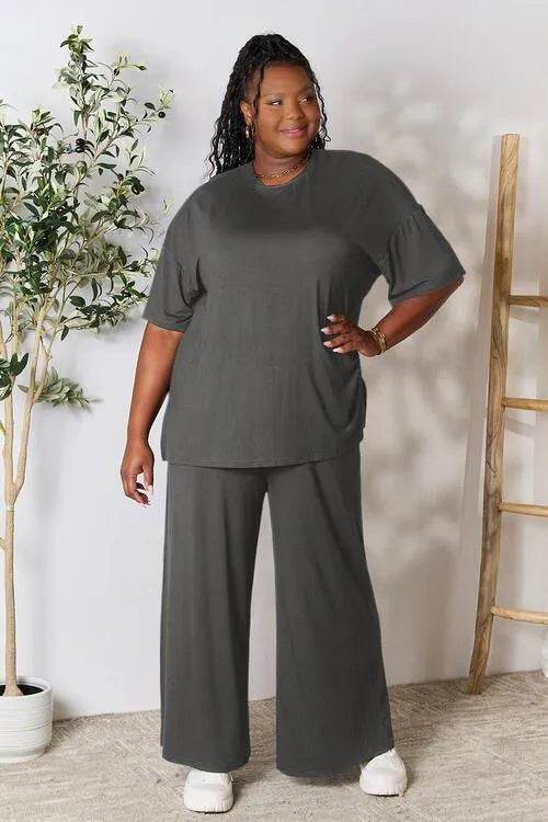 Bona Fide Fashion - Full Size Round Neck Slit Top and Pants Set - Women Fashion - Bona Fide Fashion