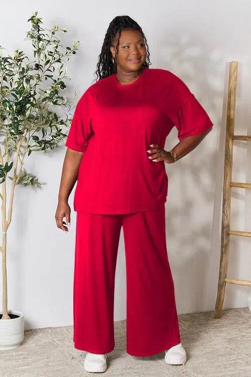 Bona Fide Fashion - Full Size Round Neck Slit Top and Pants Set - Women Fashion - Bona Fide Fashion