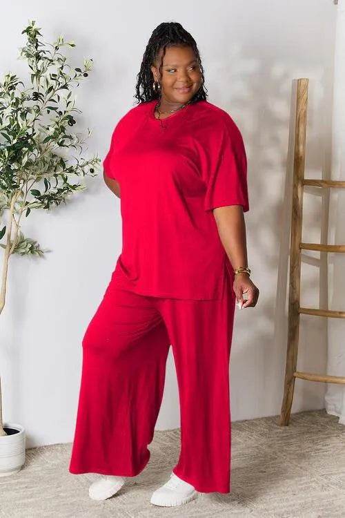 Bona Fide Fashion - Full Size Round Neck Slit Top and Pants Set - Women Fashion - Bona Fide Fashion