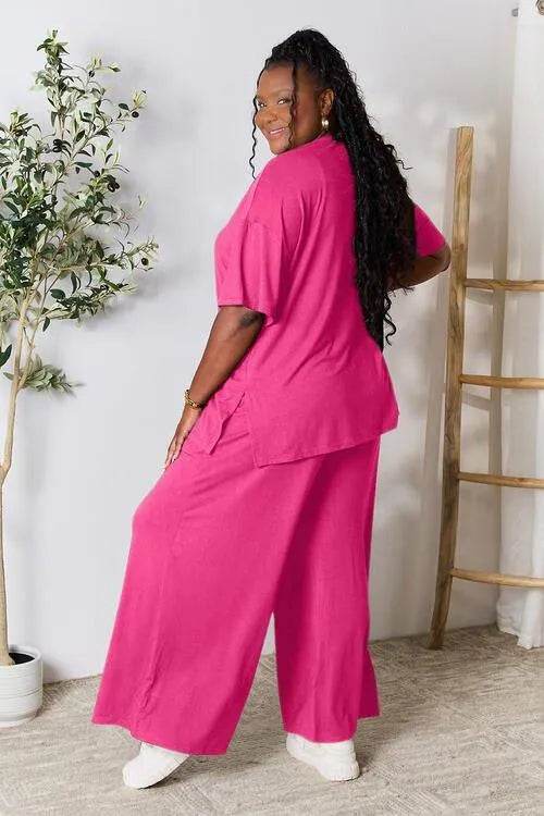 Bona Fide Fashion - Full Size Round Neck Slit Top and Pants Set - Women Fashion - Bona Fide Fashion