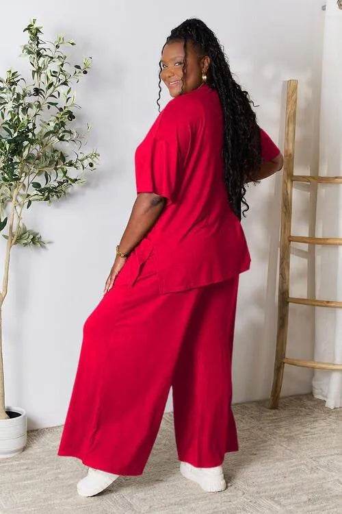 Bona Fide Fashion - Full Size Round Neck Slit Top and Pants Set - Women Fashion - Bona Fide Fashion
