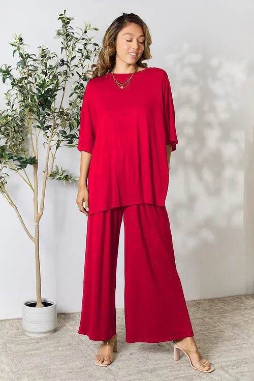 Bona Fide Fashion - Full Size Round Neck Slit Top and Pants Set - Women Fashion - Bona Fide Fashion
