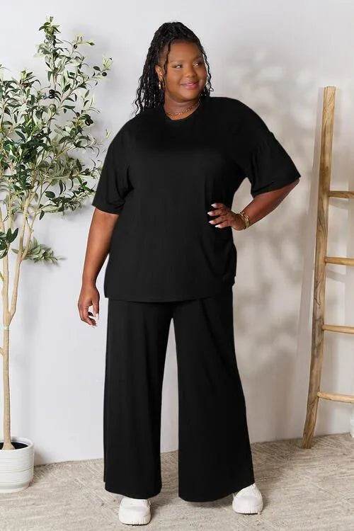 Bona Fide Fashion - Full Size Round Neck Slit Top and Pants Set - Women Fashion - Bona Fide Fashion