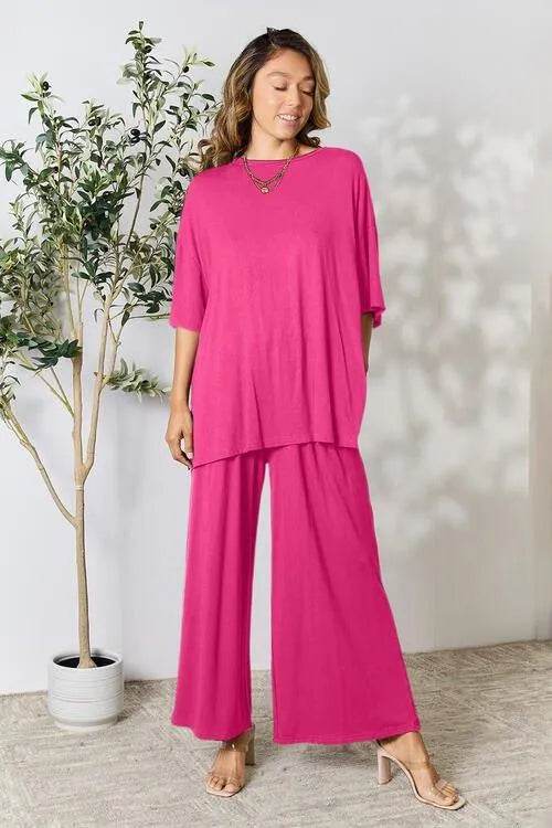 Bona Fide Fashion - Full Size Round Neck Slit Top and Pants Set - Women Fashion - Bona Fide Fashion