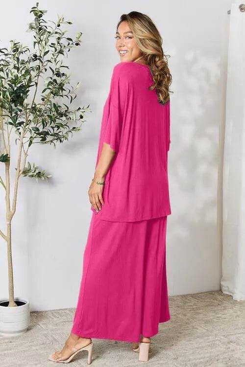 Bona Fide Fashion - Full Size Round Neck Slit Top and Pants Set - Women Fashion - Bona Fide Fashion