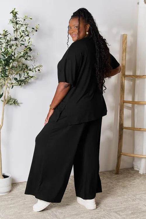 Bona Fide Fashion - Full Size Round Neck Slit Top and Pants Set - Women Fashion - Bona Fide Fashion