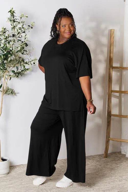 Bona Fide Fashion - Full Size Round Neck Slit Top and Pants Set - Women Fashion - Bona Fide Fashion