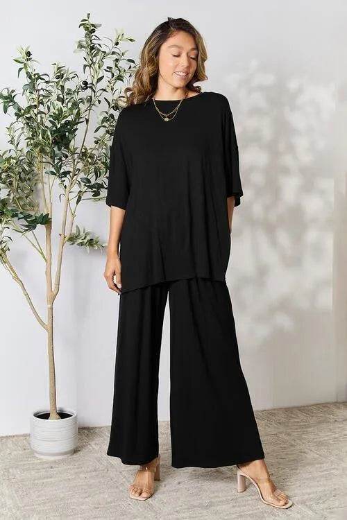 Bona Fide Fashion - Full Size Round Neck Slit Top and Pants Set - Women Fashion - Bona Fide Fashion