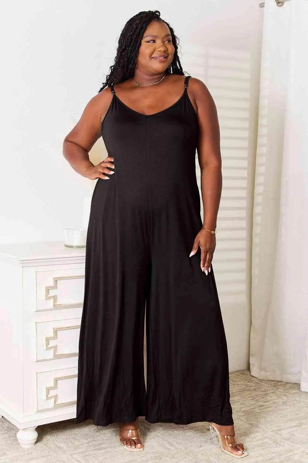 Bona Fide Fashion - Full Size Soft Rayon Spaghetti Strap Tied Wide Leg Jumpsuit - Women Fashion - Bona Fide Fashion