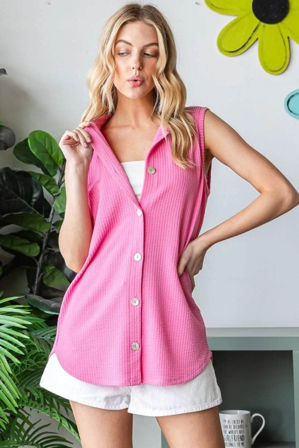 Bona Fide Fashion - Full Size Texture Button Up Sleeveless Top - Women Fashion - Bona Fide Fashion