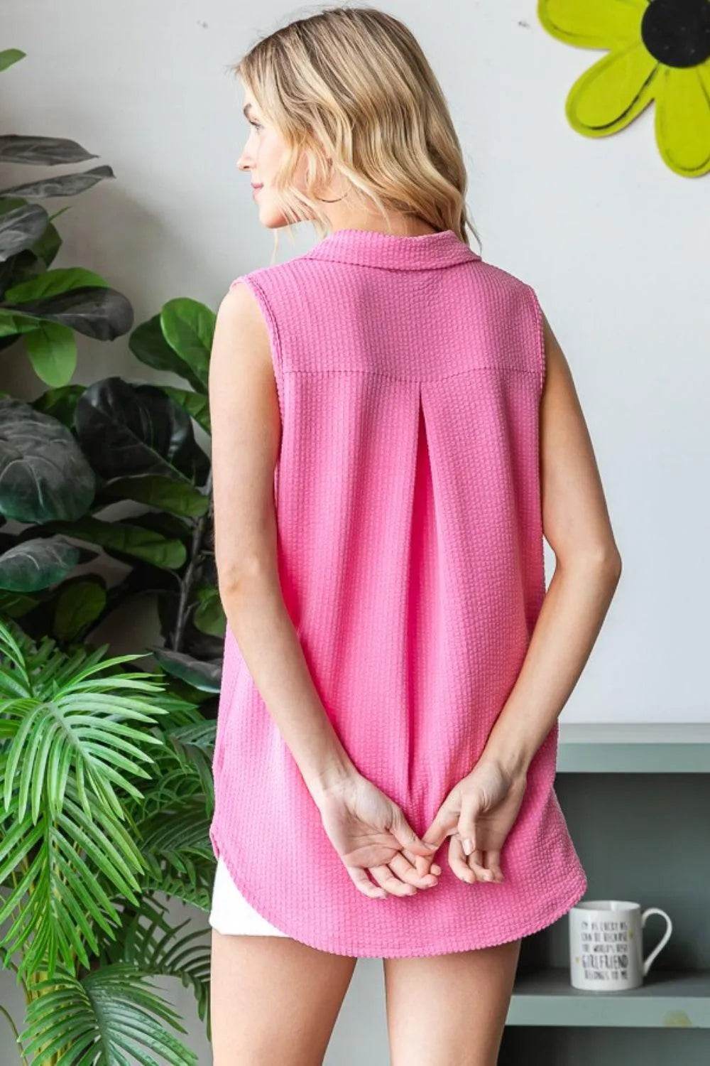 Bona Fide Fashion - Full Size Texture Button Up Sleeveless Top - Women Fashion - Bona Fide Fashion