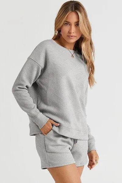 Bona Fide Fashion - Full Size Texture Long Sleeve Top and Drawstring Shorts Set - Women Fashion - Bona Fide Fashion