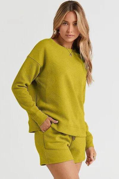 Bona Fide Fashion - Full Size Texture Long Sleeve Top and Drawstring Shorts Set - Women Fashion - Bona Fide Fashion