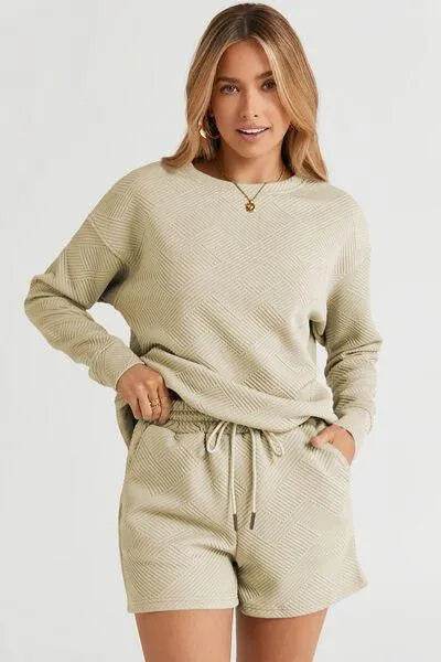 Bona Fide Fashion - Full Size Texture Long Sleeve Top and Drawstring Shorts Set - Women Fashion - Bona Fide Fashion