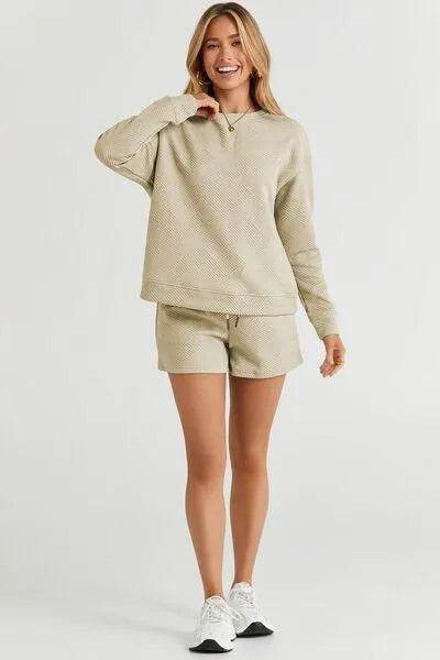 Bona Fide Fashion - Full Size Texture Long Sleeve Top and Drawstring Shorts Set - Women Fashion - Bona Fide Fashion