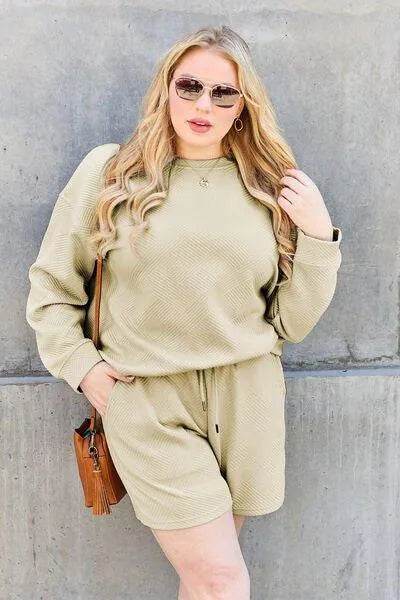 Bona Fide Fashion - Full Size Texture Long Sleeve Top and Drawstring Shorts Set - Women Fashion - Bona Fide Fashion