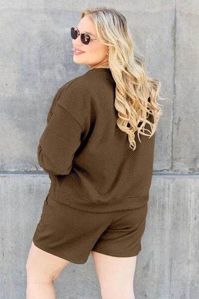 Bona Fide Fashion - Full Size Texture Long Sleeve Top and Drawstring Shorts Set - Women Fashion - Bona Fide Fashion