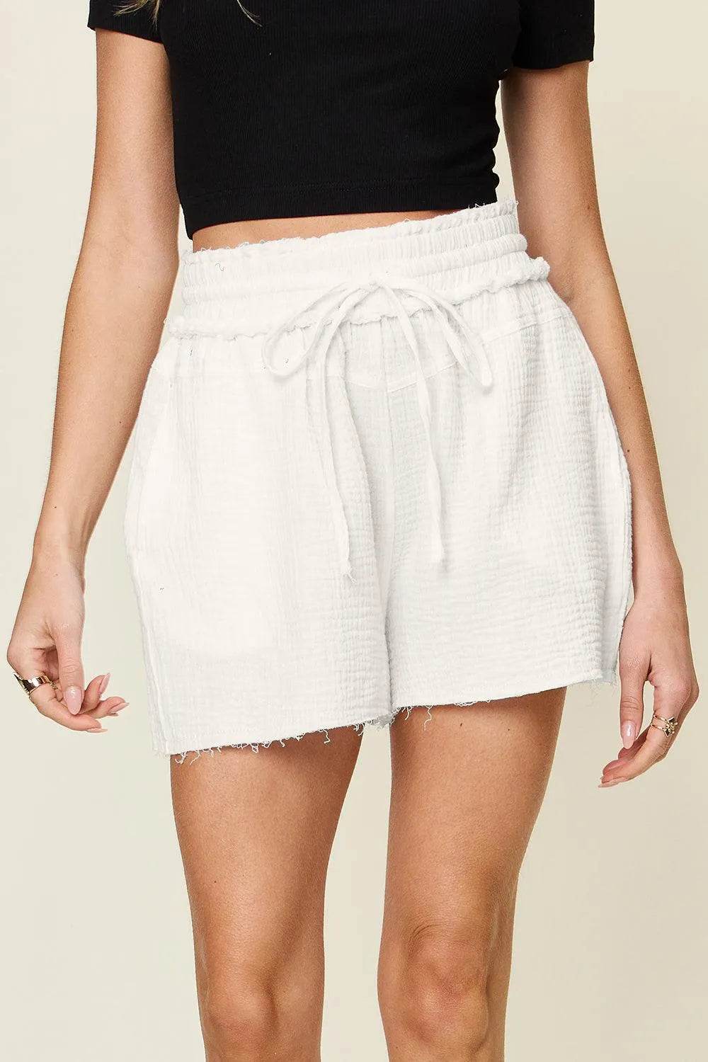 Bona Fide Fashion - Full Size Texture Raw Trim Drawstring Shorts - Women Fashion - Bona Fide Fashion