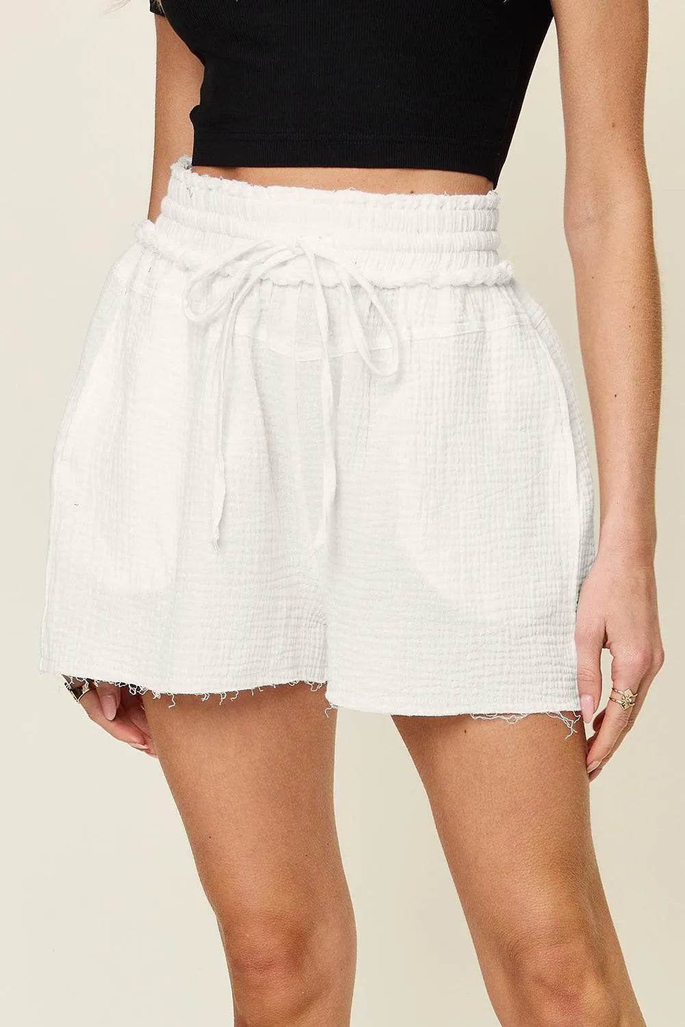 Bona Fide Fashion - Full Size Texture Raw Trim Drawstring Shorts - Women Fashion - Bona Fide Fashion